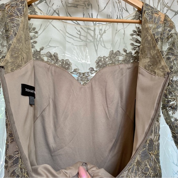 TADASHI SHOJI TOMETI tan gold green EMBROIDERED TULLE GOWN v-neck maxi dress - Picture 9 of 14